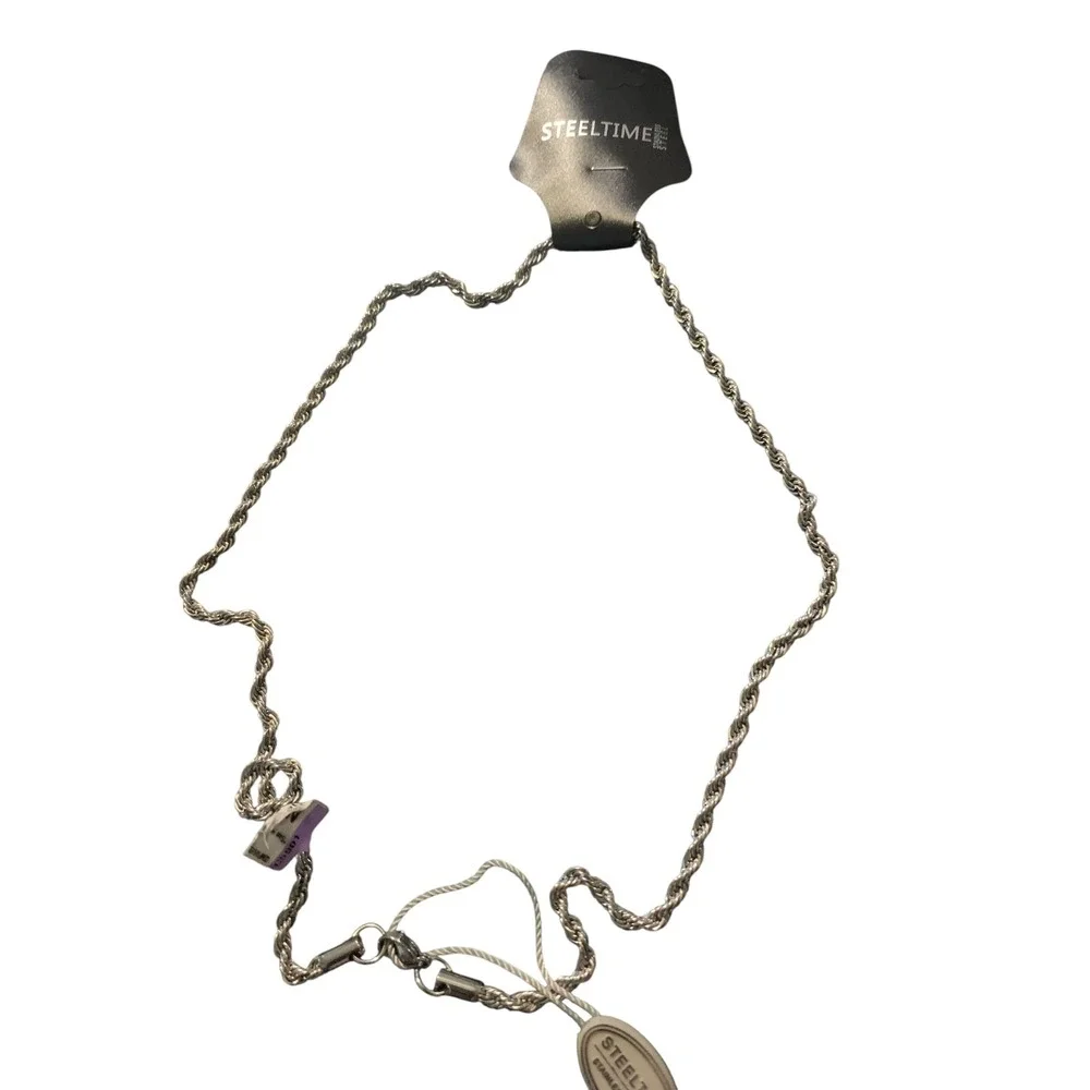 NWT Steeltime Stainless Steel Rope Chain Necklace Silver Tone 22 Inch UNISEX